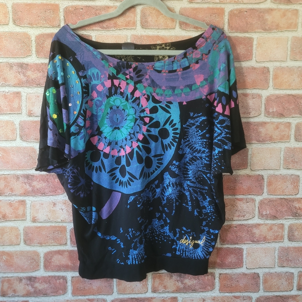 Desigual Extraordinary Short Sleeve Embellished Top M